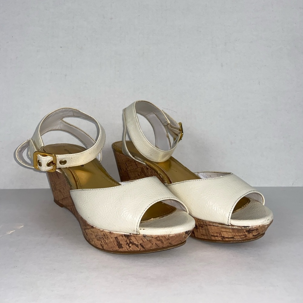 White Sandals Cork Wedge Heel 3 inches Ankle Strap Gold accent Size 8